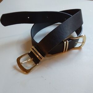 Womens Edgy Black Leather Belt with Double Gold Buckles Adjustable Mod Sz.M/L